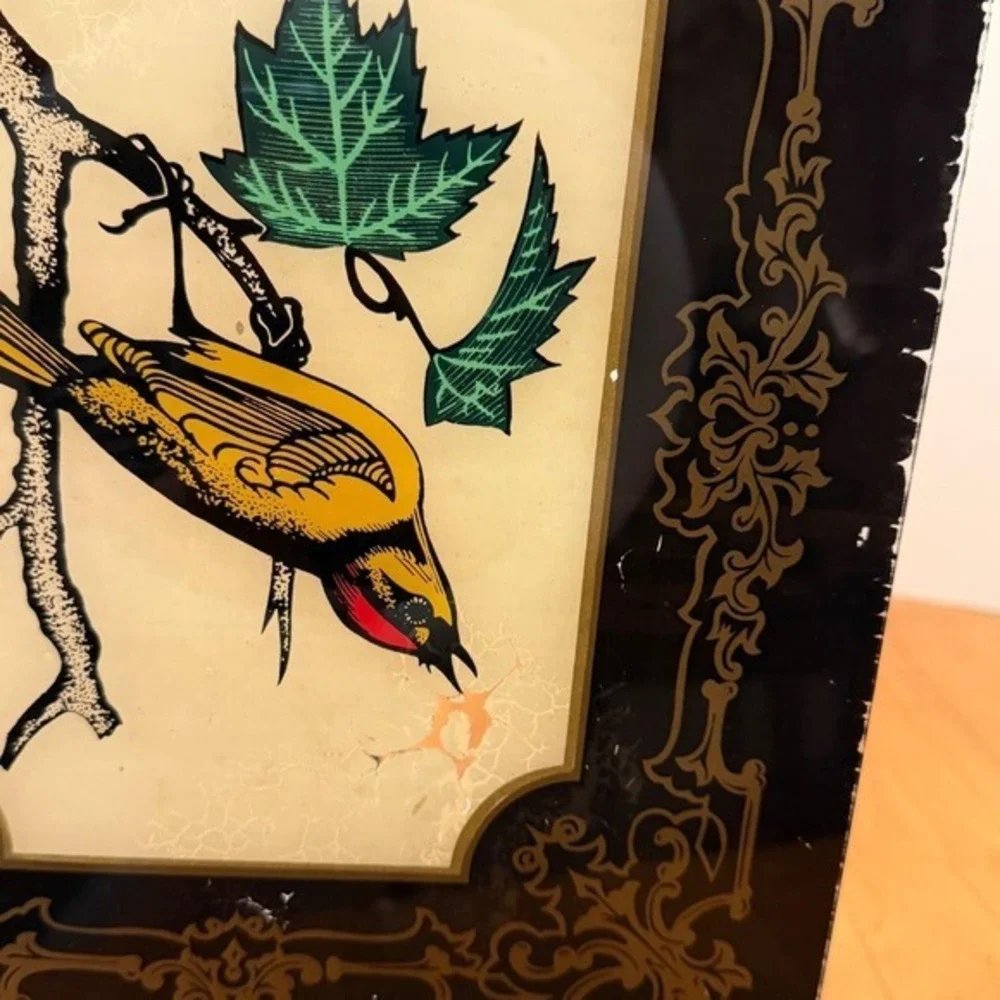 Vintage Reverse Painted Clock Glass – Bird Panel w/ Ornate Gold Border Vertical